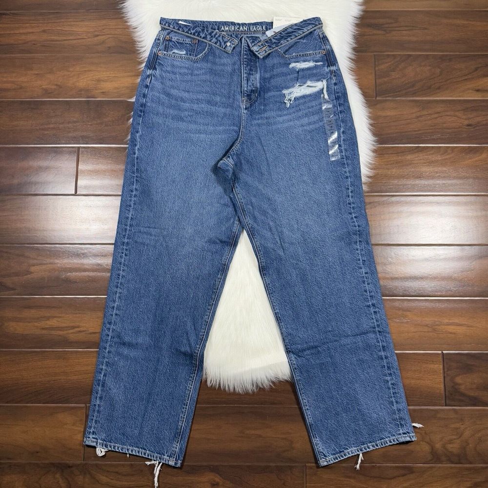 American Eagle‎ Women's Size 14 R Dreamy Indigo Baggy Mom Denim Jeans Fold Waist